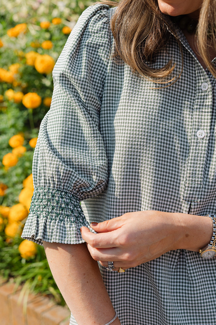 Green Gingham Seersucker Stand Collar A‑line Dress