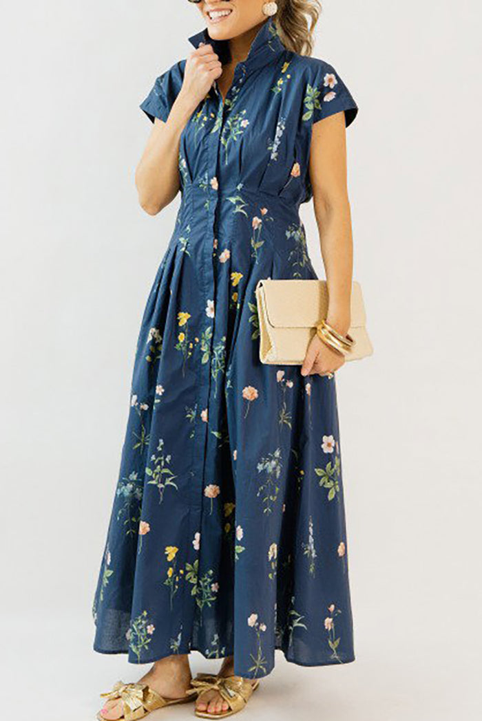 Navy Floral Pleated Pocket Dress