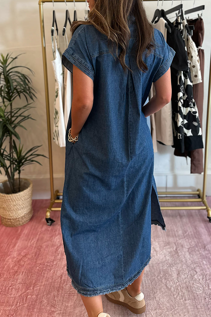 Cap Sleeve Frayed Hem Denim Midi Dress
