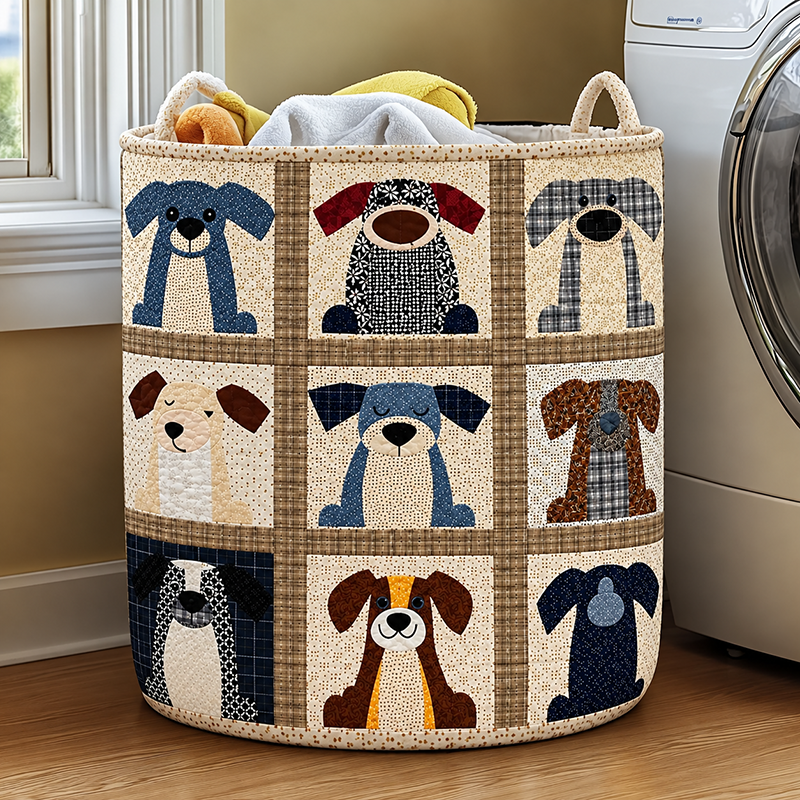 Grid Patchwork Puppy Portrait Quilted Laundry Basket