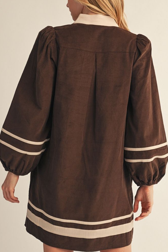 Corduroy Contrast Trim Stand Collar Long Sleeve Pocket Dress