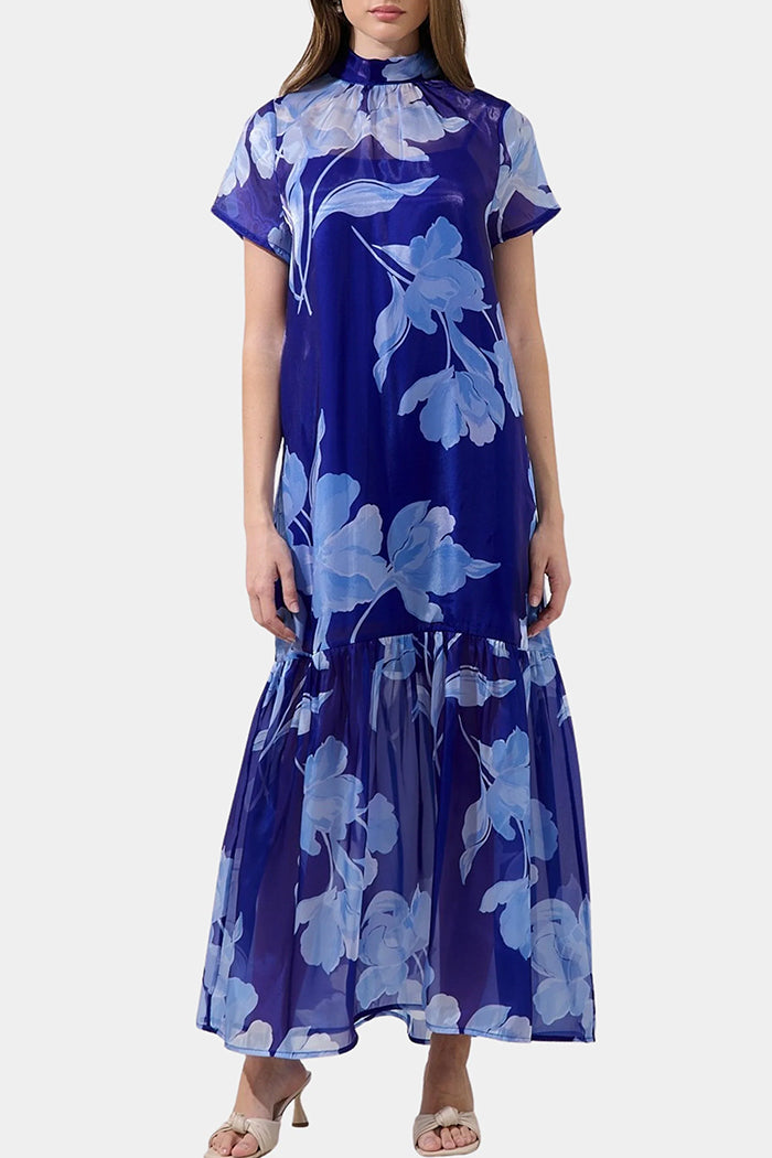 Navy Blue Floral Mock Neck Tiered Maxi Dress