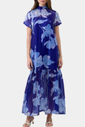 Navy Blue Floral Mock Neck Tiered Maxi Dress