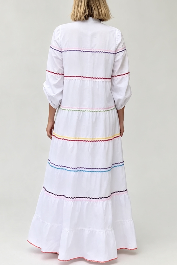 White Multicolor Trim Tiered Maxi Dress