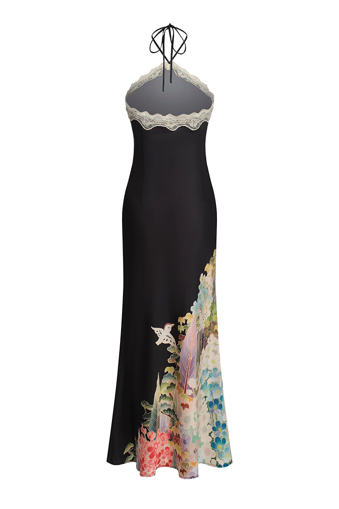 Black Lace Trim Halter Floral Bird Dress
