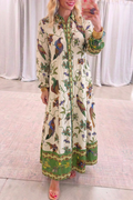 Cream Floral Bird Print Green Border Tiered Maxi Dress