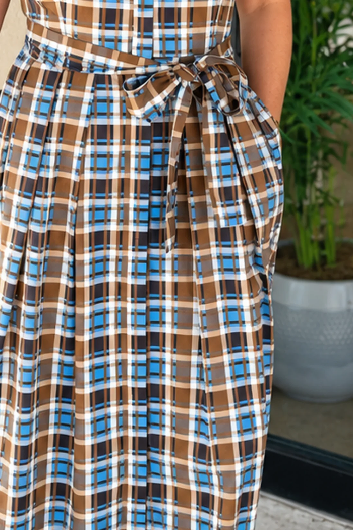 Plaid Collared Half‑Button Cap Sleeve Waist Tie Pocket Dress