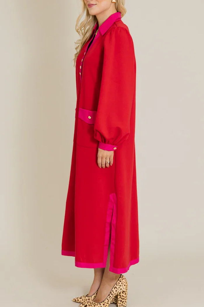 Contrast Trim Puff Sleeve Patch Pockets Side Slits Maxi Dress