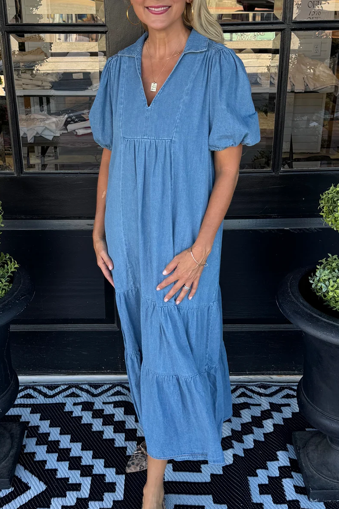 Denim Collared Puff Short Sleeve Tiered Ruffle Pocket Maxi Dress