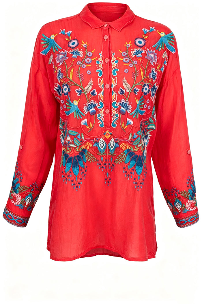 Floral Bird Motif Long Sleeve Tunic Top
