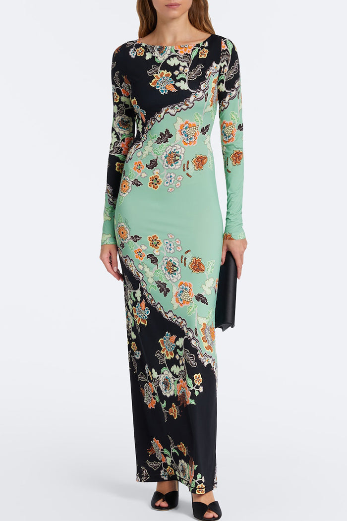 Green Black Color Block Floral Long Sleeve Maxi Dress