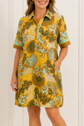Collared Short Sleeve Scroll Print Pocket Shirt Dress