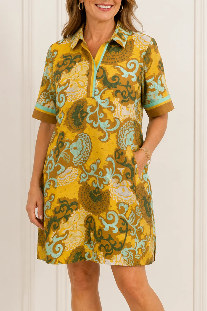 Collared Short Sleeve Scroll Print Pocket Shirt Dress