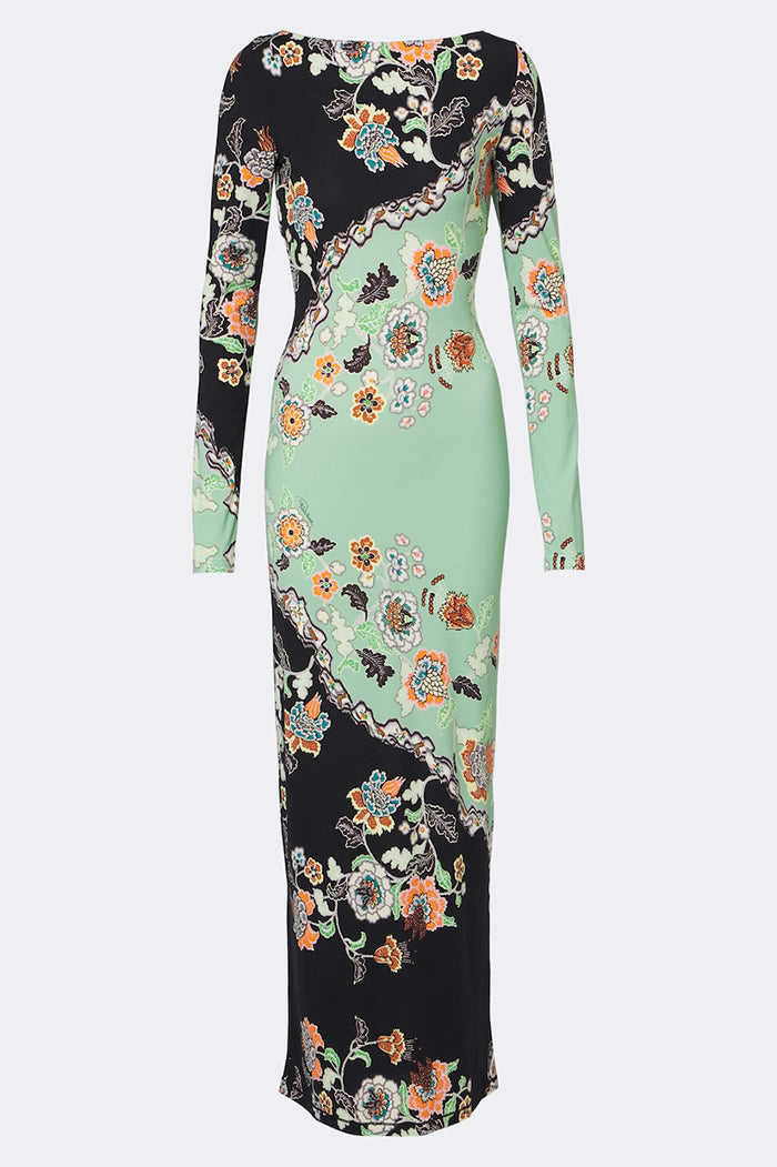 Green Black Color Block Floral Long Sleeve Maxi Dress