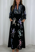 Halloween Skeleton Moon Iridescent Sequin Velvet Pockets Maxi Dress