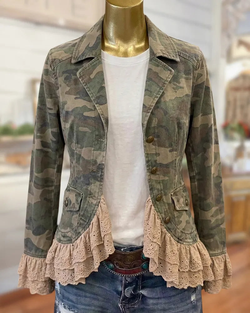 Long Sleeve Camo Lapel Jacket with Tiered Lace Ruffles