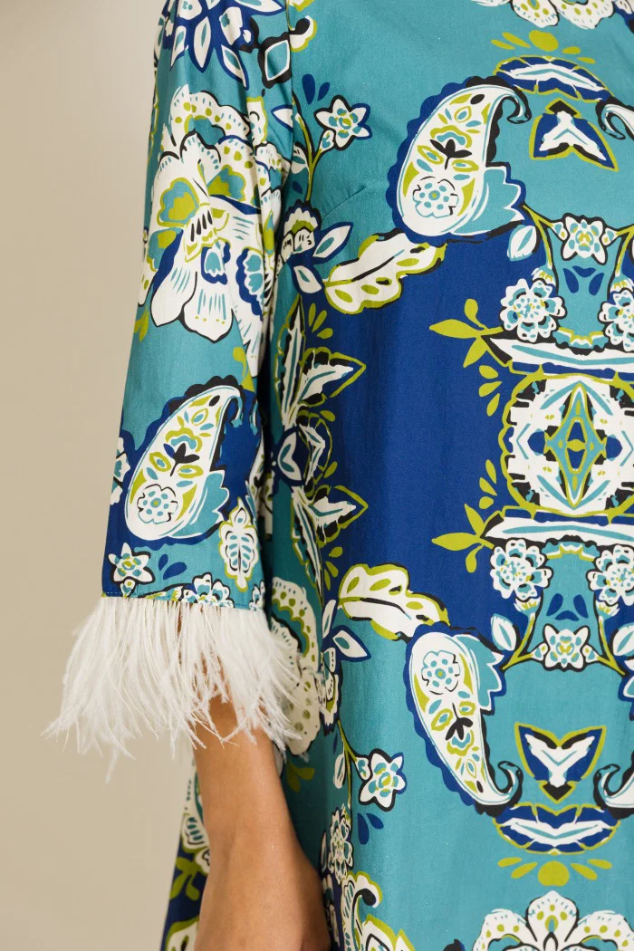 Paisley Print Feather Trim 3/4 Sleeve Back Zip Shift Dress
