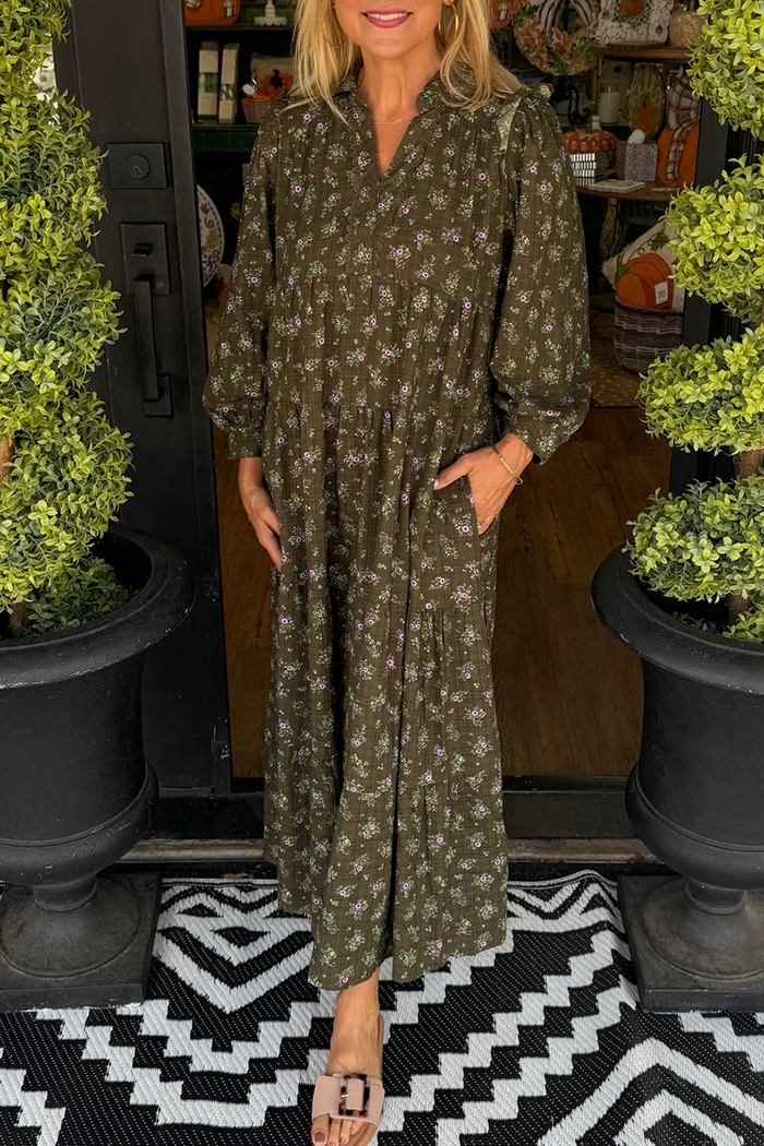 Floral Long Sleeve Tiered Pocket Maxi Dress