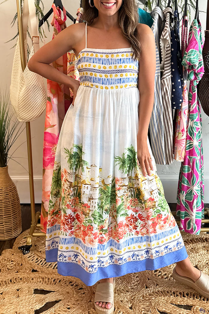 Spaghetti Strap Tropical Scenic Print Midi Dress