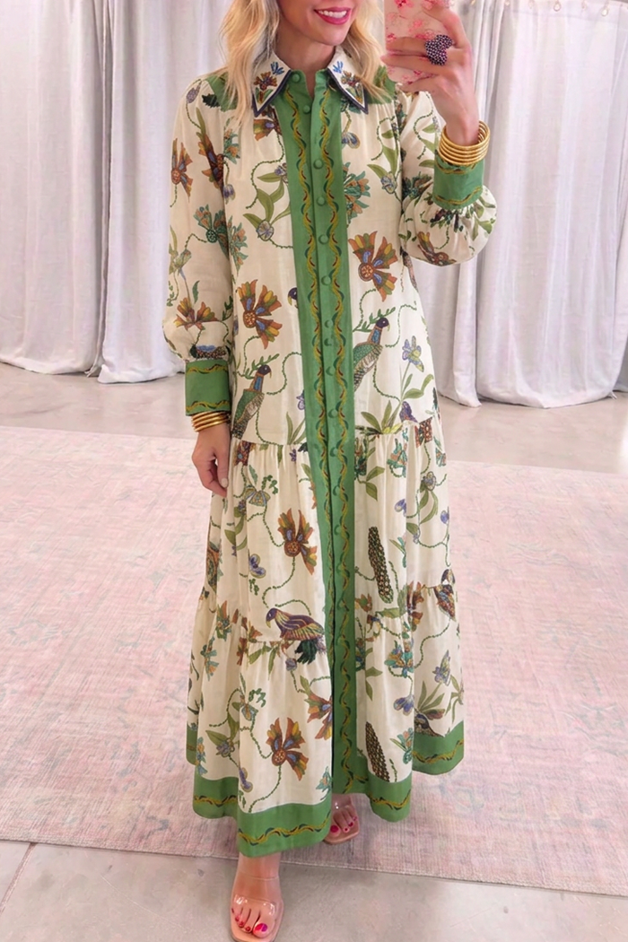 Retro Bird Floral Tiered Maxi Dress