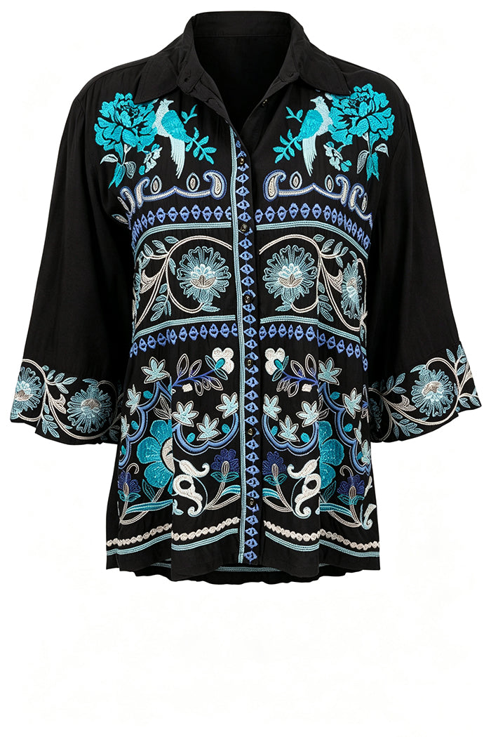 Black Turquoise Floral Kimono Top