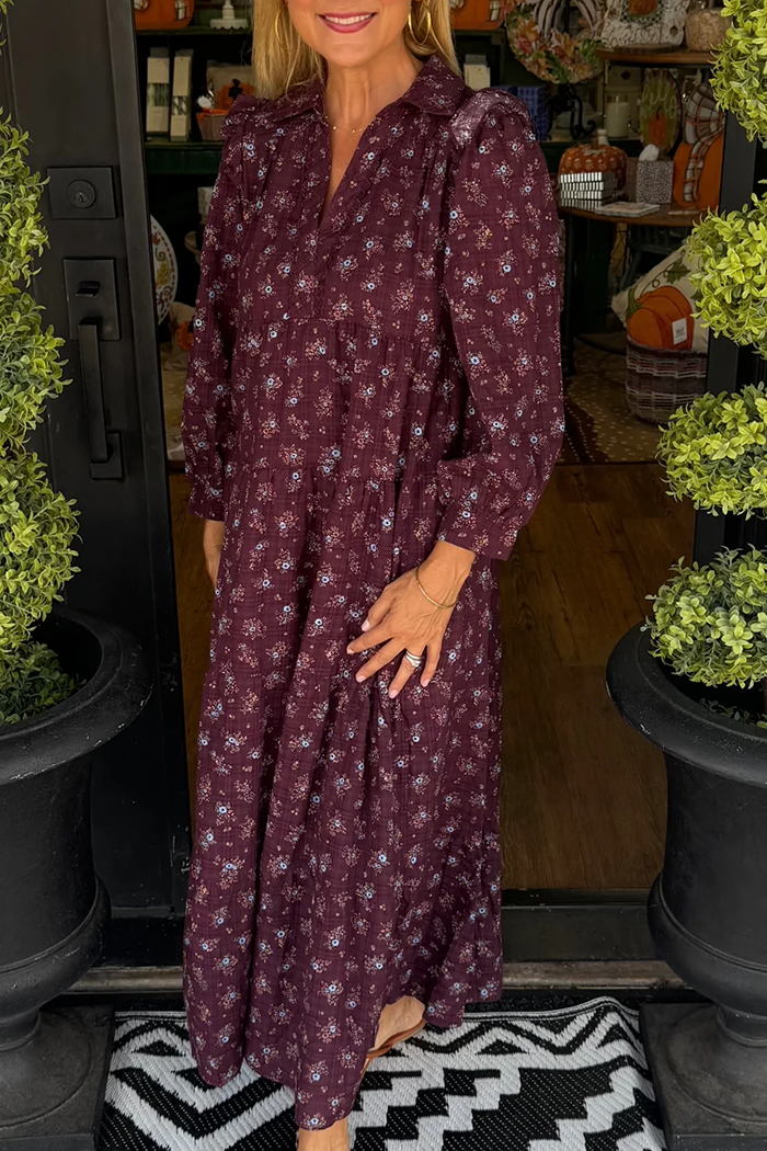 Floral Long Sleeve Tiered Pocket Maxi Dress