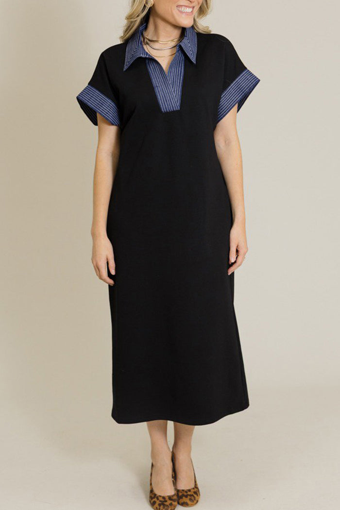 Contrast Stitch Collared Short Sleeve Pocket Midi Dress