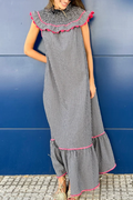 Black White Gingham Ruffled Neck Sleeveless Maxi Dress
