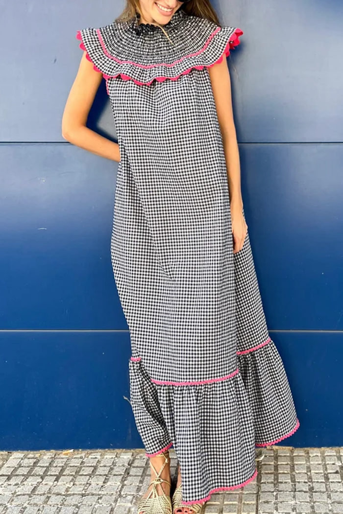 Black White Gingham Ruffled Neck Sleeveless Maxi Dress
