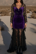 Halloween Velvet Lace Flare Sleeve High‑Low Maxi Dress
