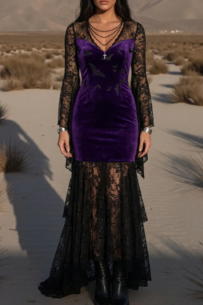 Halloween Velvet Lace Flare Sleeve High‑Low Maxi Dress