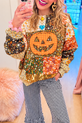 Patchwork Floral Pumpkin Sequin Crewneck Sweatshirt