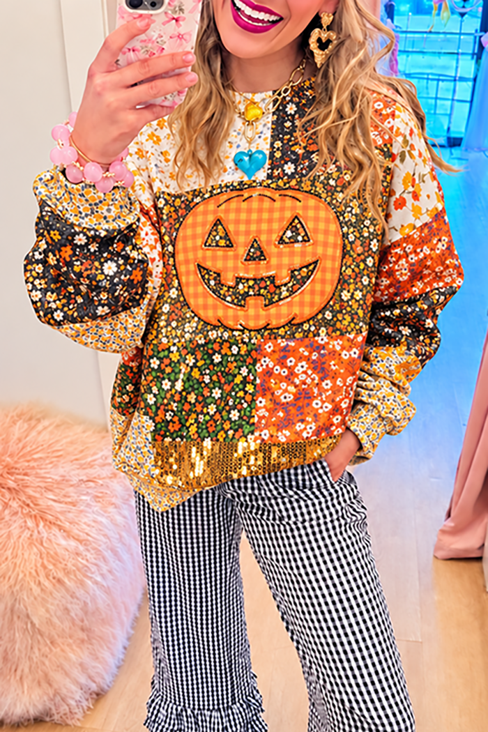 Patchwork Floral Pumpkin Sequin Crewneck Sweatshirt