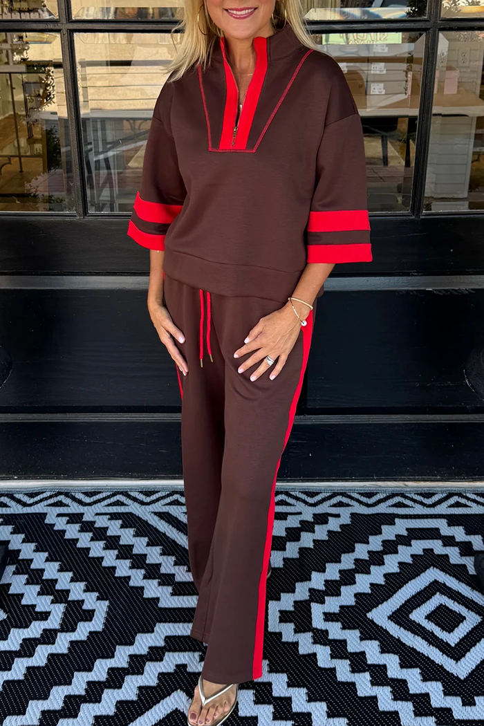 Brown Quarter Zip Neck Red Contrast Trim Set