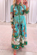 Boho Art Button Front Long Sleeve Maxi Dress