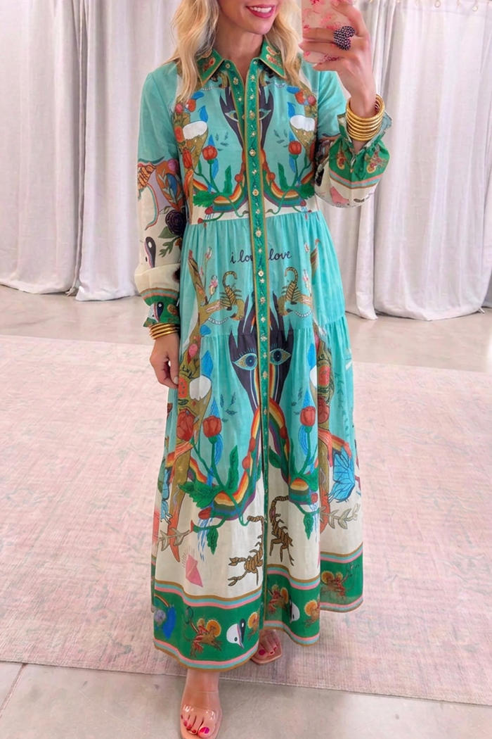 Boho Art Button Front Long Sleeve Maxi Dress