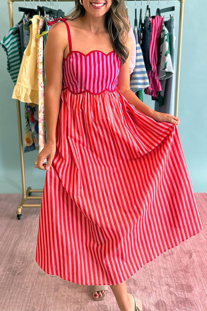 Adjustable Tie Strap Contrast Stripe Scalloped Midi Dress