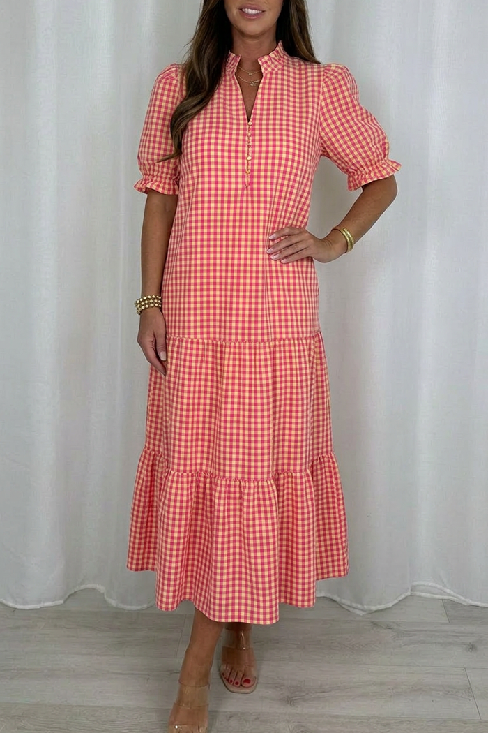 V-Neck Puff-Sleeve Ruffle Dress