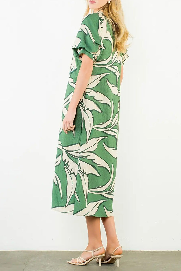 Geometric Print Collared Puff Sleeve Smocked Maxi Dress