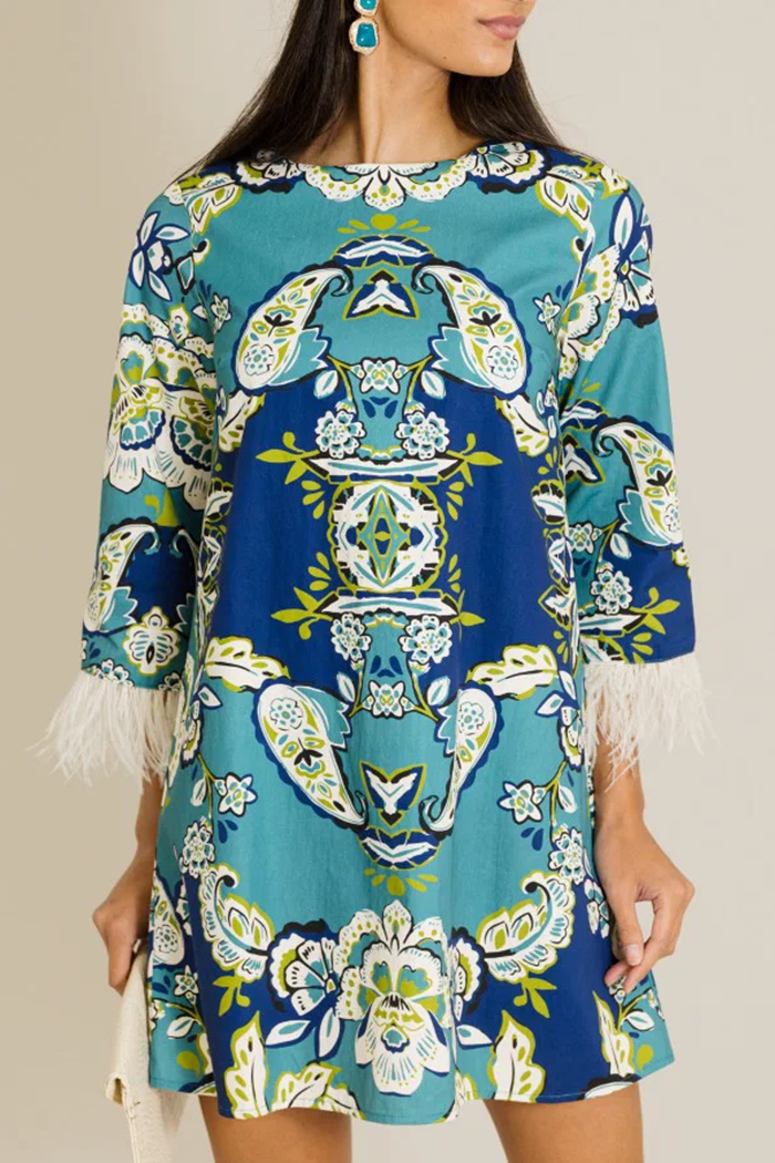 Paisley Print Feather Trim 3/4 Sleeve Back Zip Shift Dress