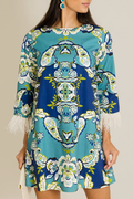 Paisley Print Feather Trim 3/4 Sleeve Back Zip Shift Dress