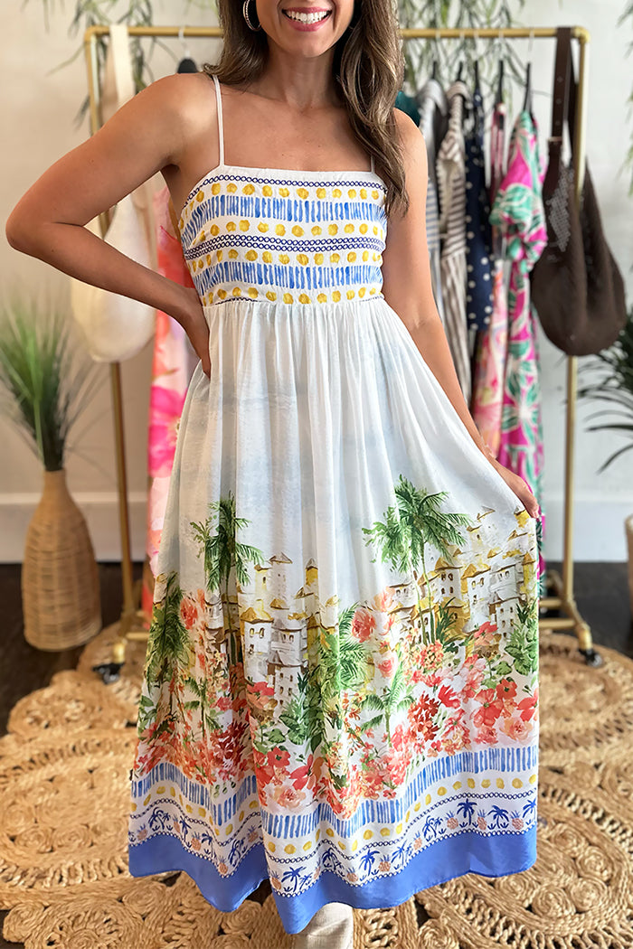 Spaghetti Strap Tropical Scenic Print Midi Dress