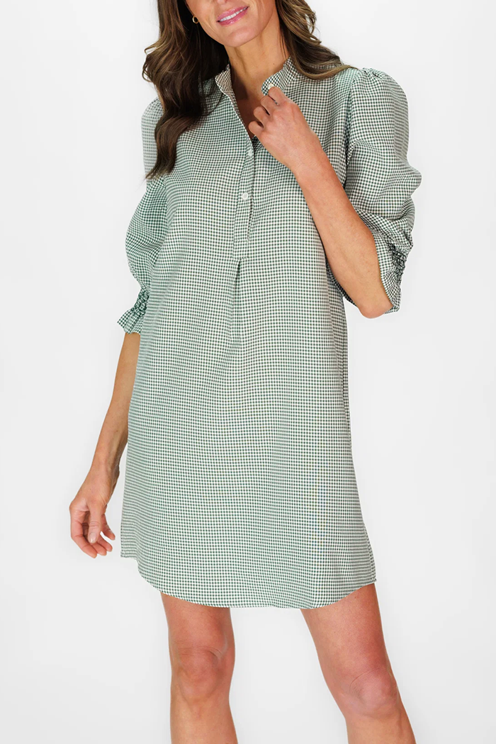Green Gingham Seersucker Stand Collar A‑line Dress