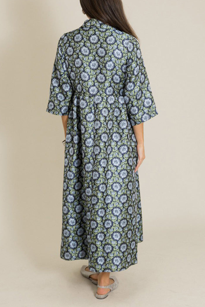 Floral Jacquard Collared 3/4 Sleeve Pocket Maxi Dress