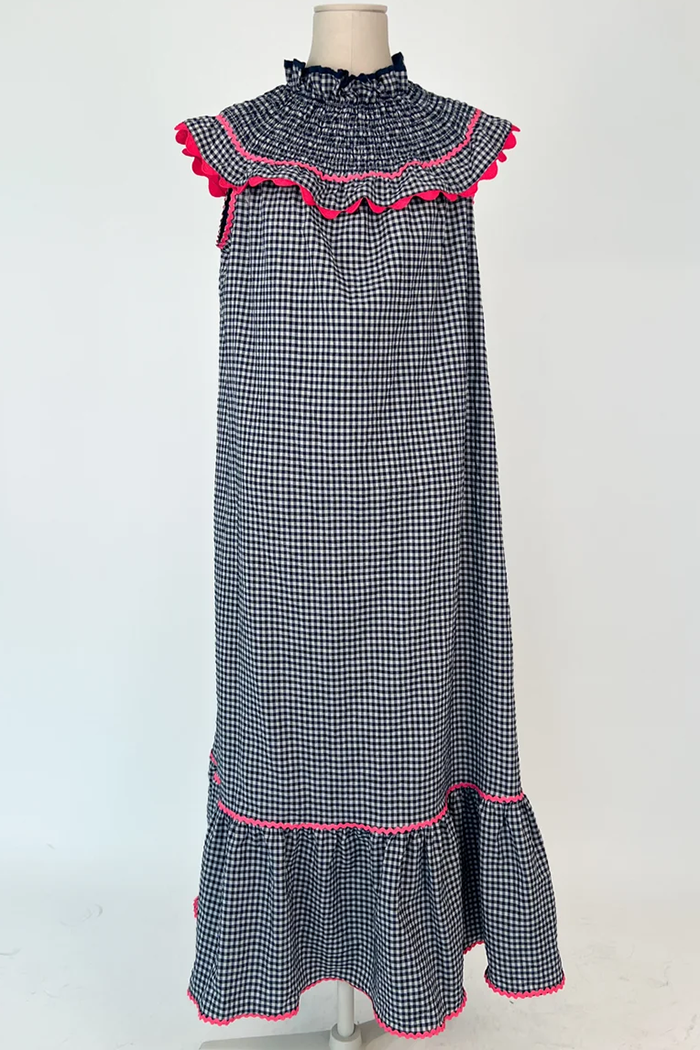 Black White Gingham Ruffled Neck Sleeveless Maxi Dress