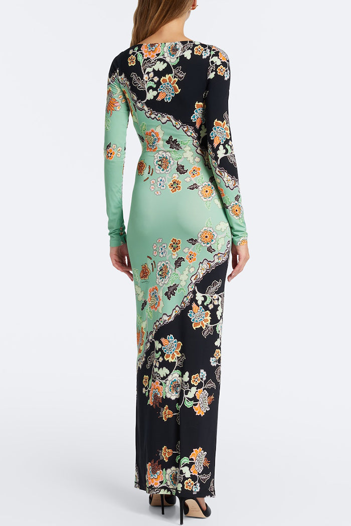 Green Black Color Block Floral Long Sleeve Maxi Dress