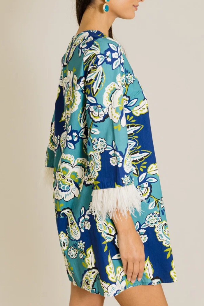 Paisley Print Feather Trim 3/4 Sleeve Back Zip Shift Dress