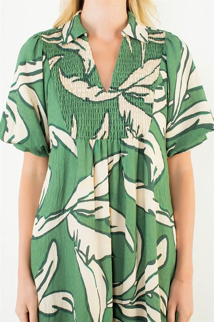 Geometric Print Collared Puff Sleeve Smocked Maxi Dress