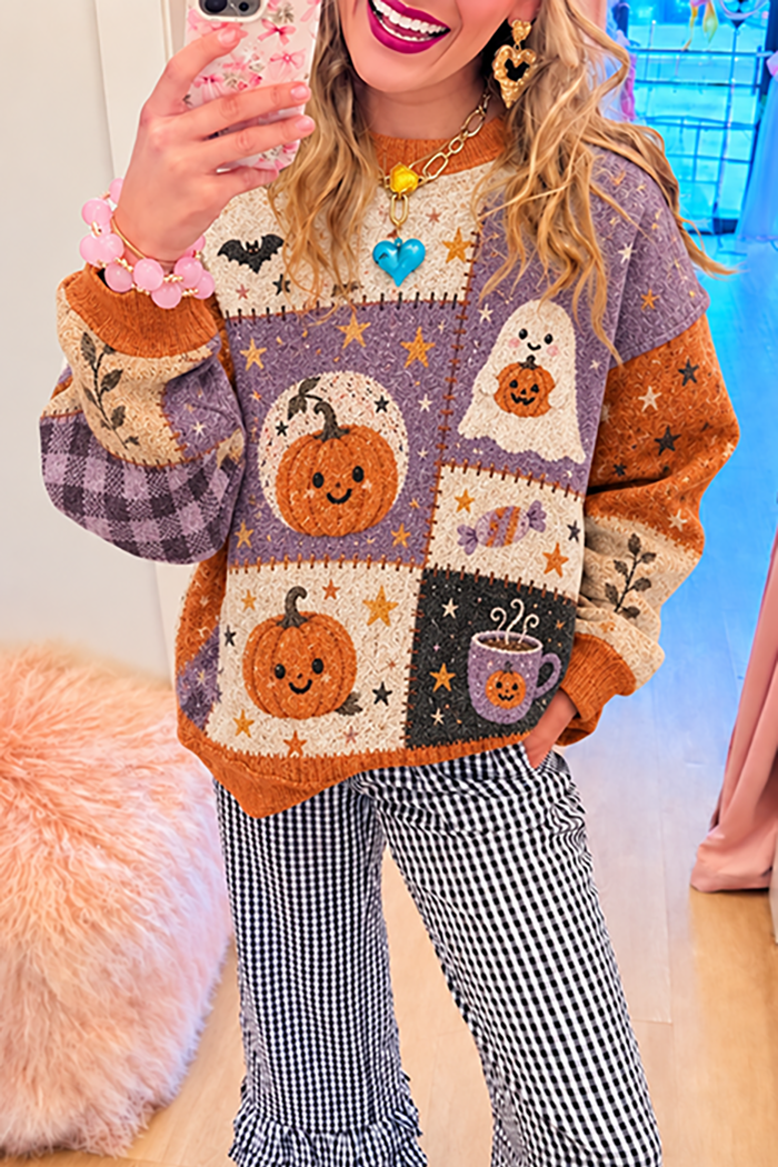 Halloween Patchwork Pumpkin Ghost Crewneck Sweater