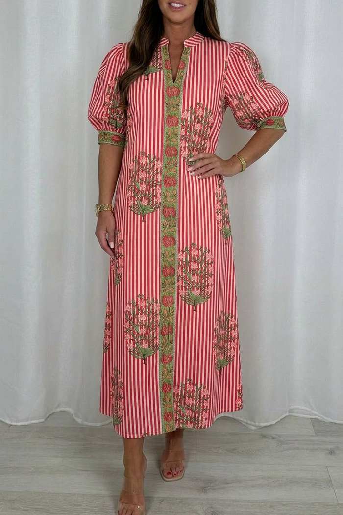 V-Neck Striped Floral Dress